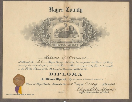 Image for Eighth Grade Diploma For Helen Altman For District 29, Hayes County, Nebraska