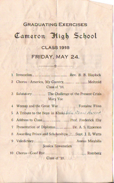 Image for Cameron High School Class Of 1918 Graduating Exercises, Friday, May 24, 1918 ( Cameron, Texas)
